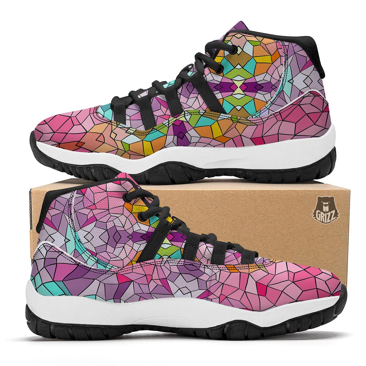 Mosaic Stained Glass Print Pattern Black Bball Shoes-grizzshop