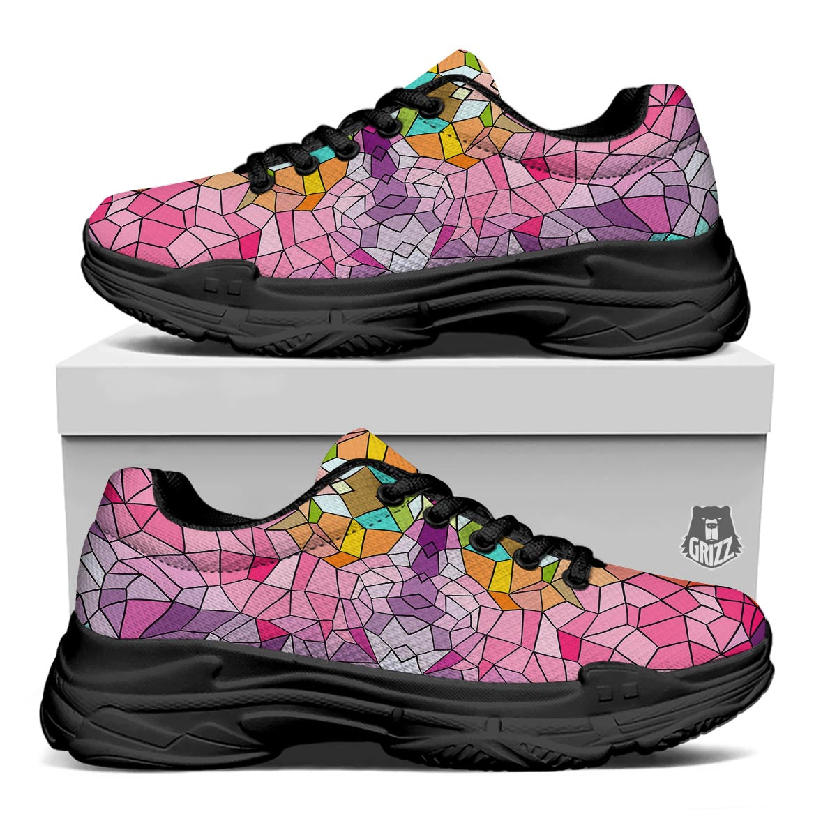 Mosaic Stained Glass Print Pattern Black Chunky Shoes-grizzshop