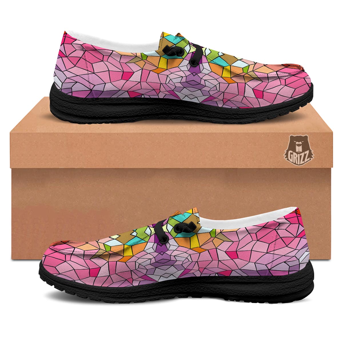 Mosaic Stained Glass Print Pattern Black Loafers-grizzshop