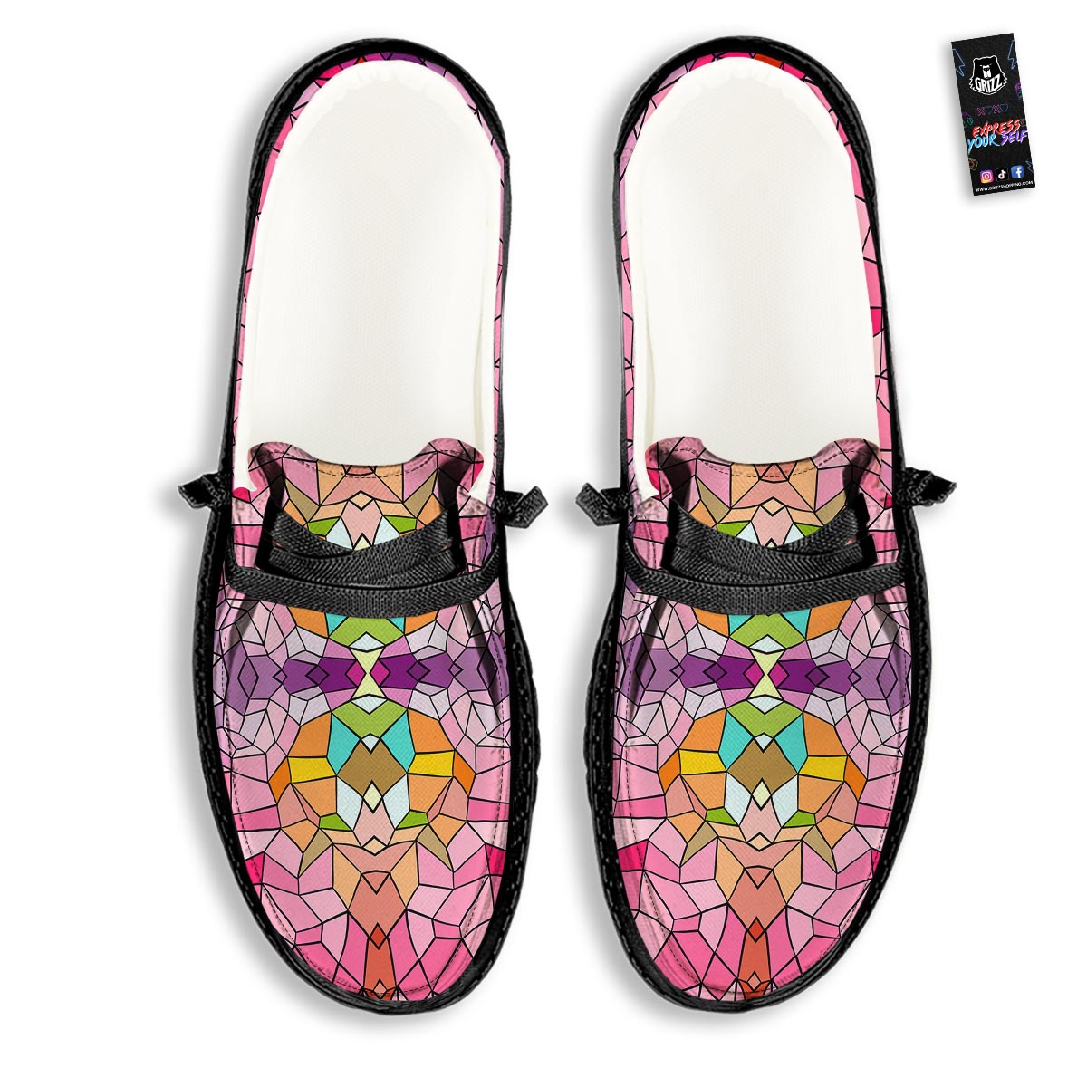 Mosaic Stained Glass Print Pattern Black Loafers-grizzshop