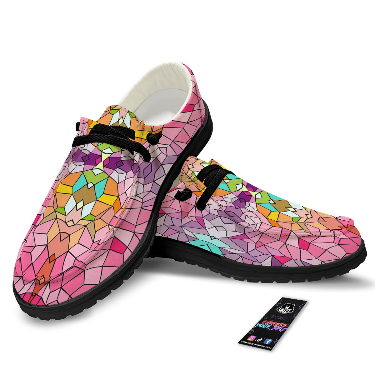 Mosaic Stained Glass Print Pattern Black Loafers-grizzshop