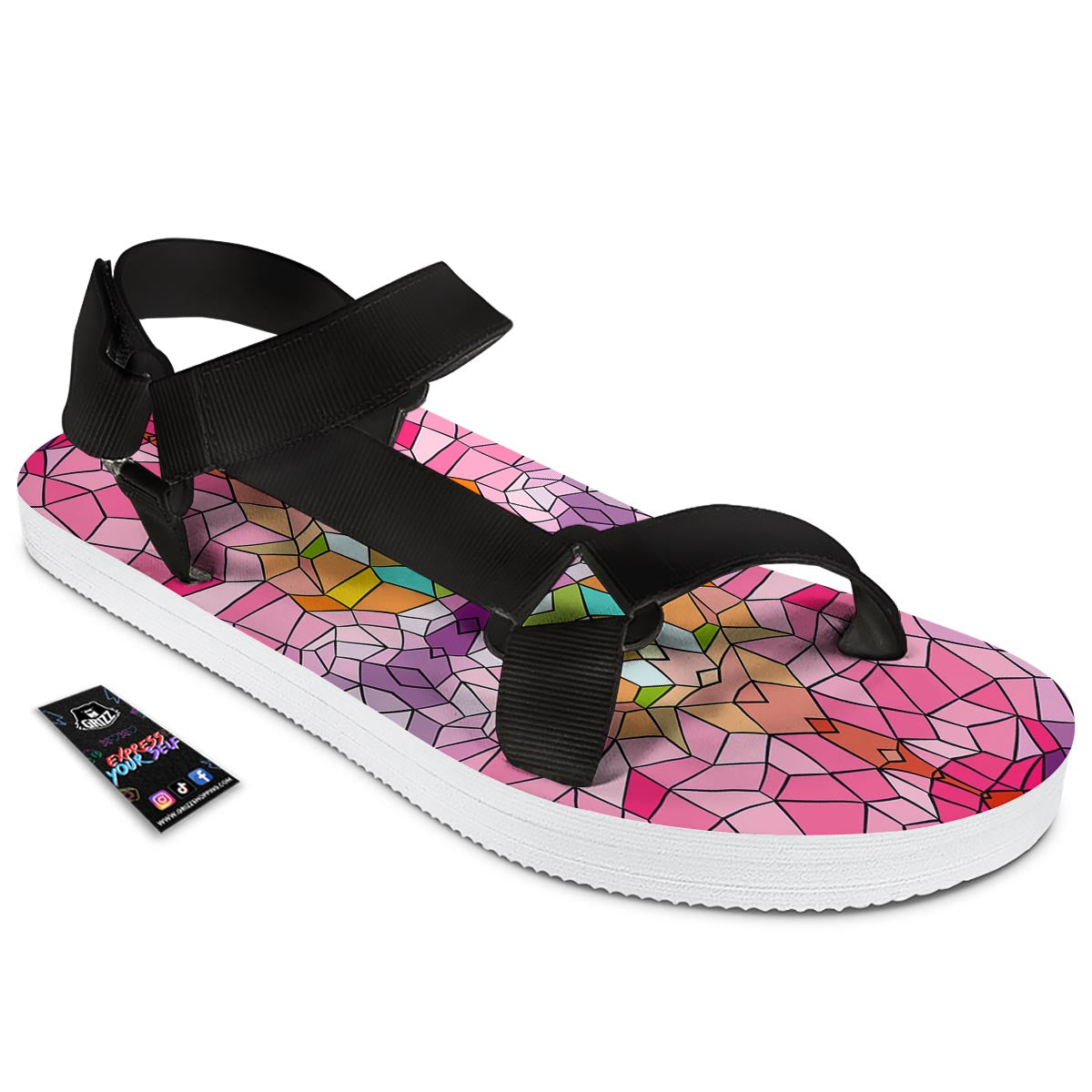 Mosaic Stained Glass Print Pattern Black Open Toe Sandals-grizzshop