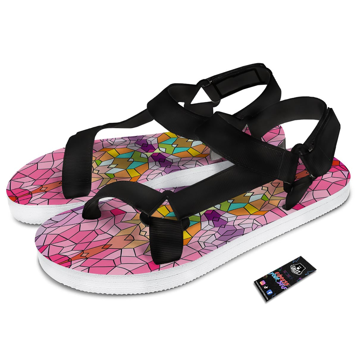 Mosaic Stained Glass Print Pattern Black Open Toe Sandals-grizzshop
