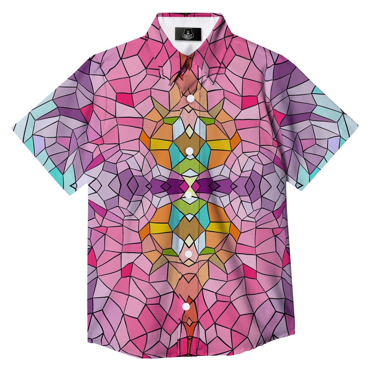Mosaic Stained Glass Print Pattern Button Up Shirt-grizzshop