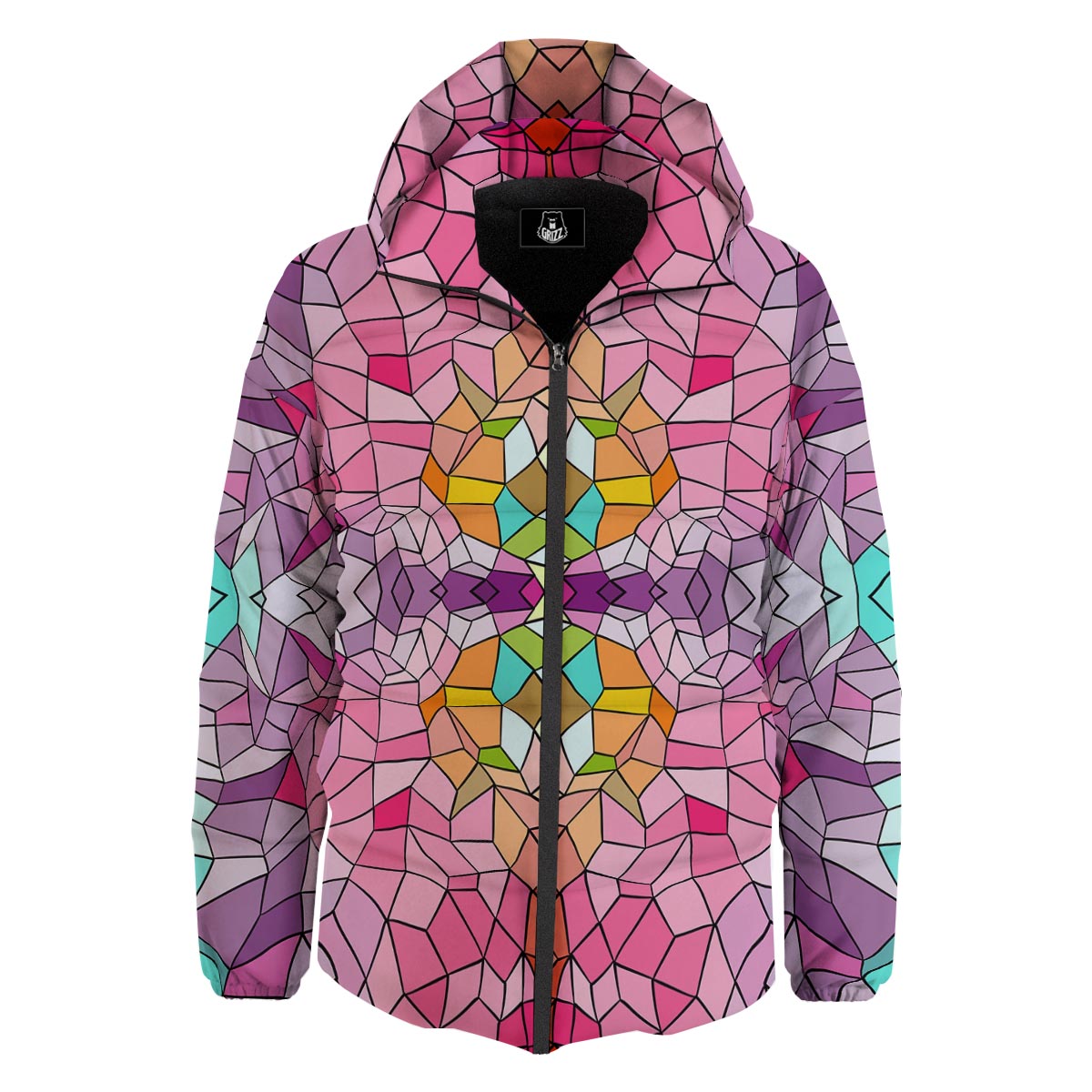 Mosaic Stained Glass Print Pattern Down Jacket-grizzshop