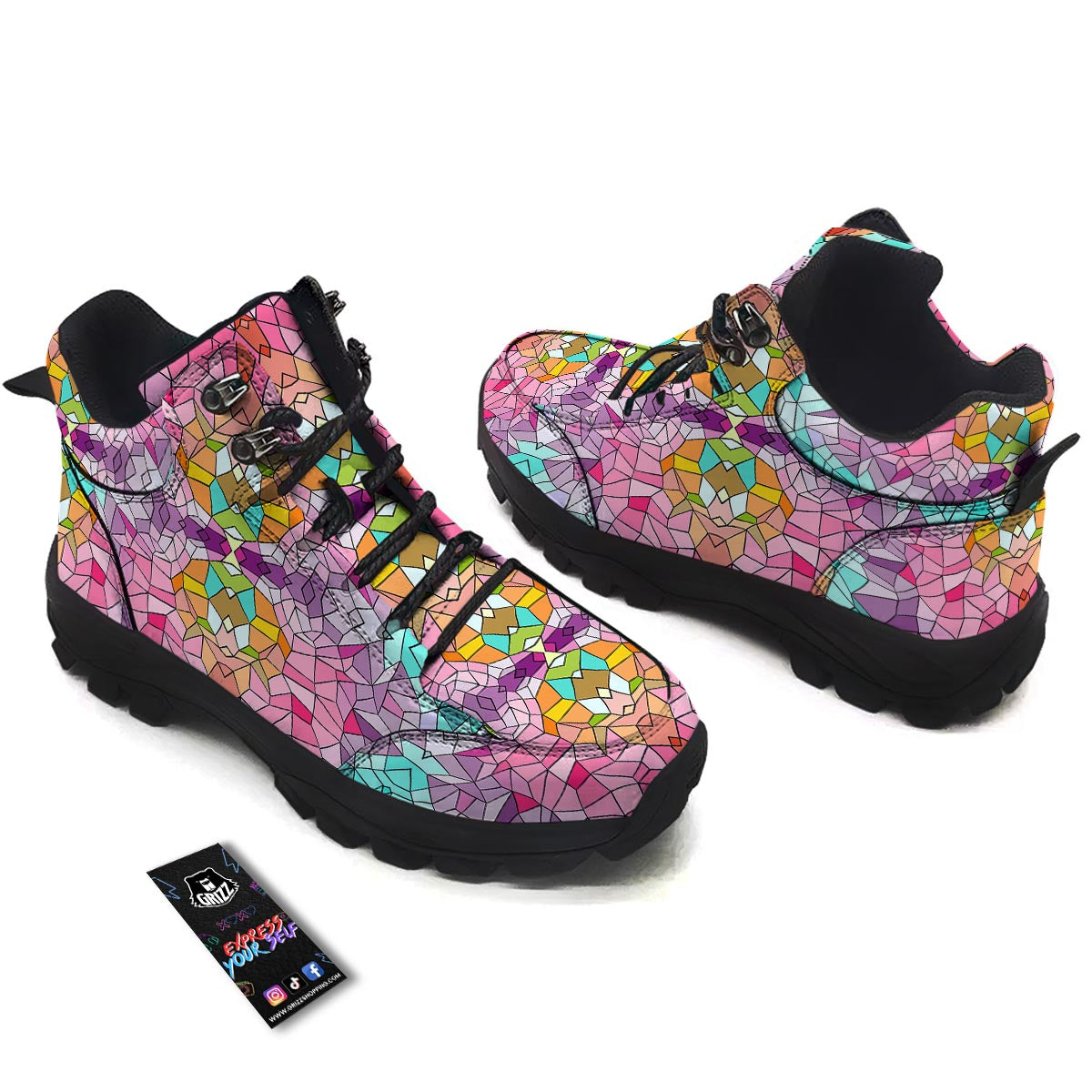 Mosaic Stained Glass Print Pattern Hiking Shoes-grizzshop