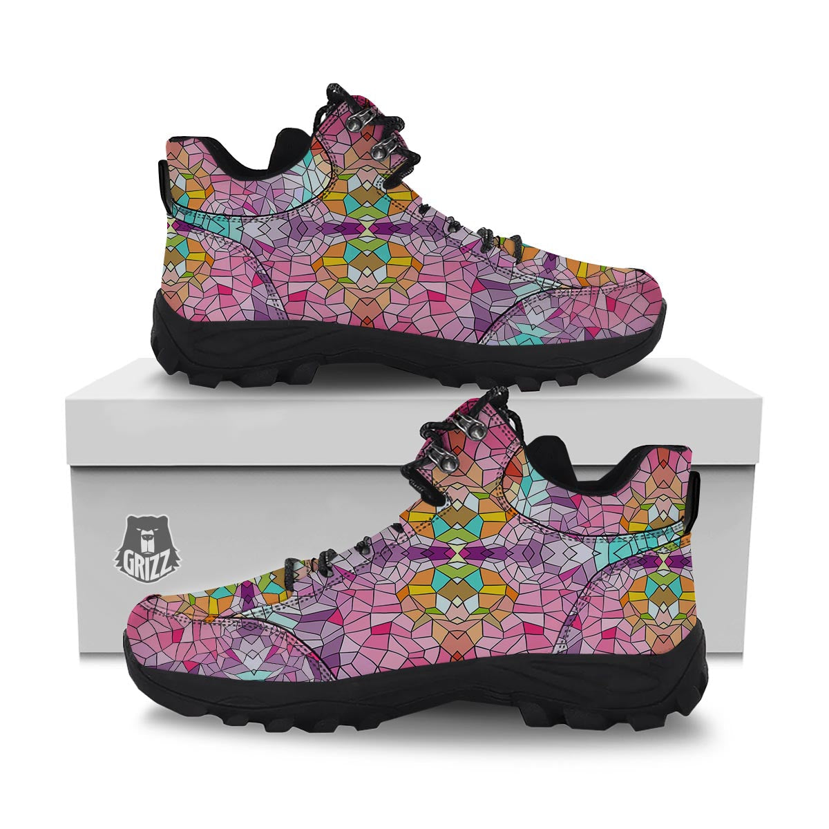 Mosaic Stained Glass Print Pattern Hiking Shoes-grizzshop