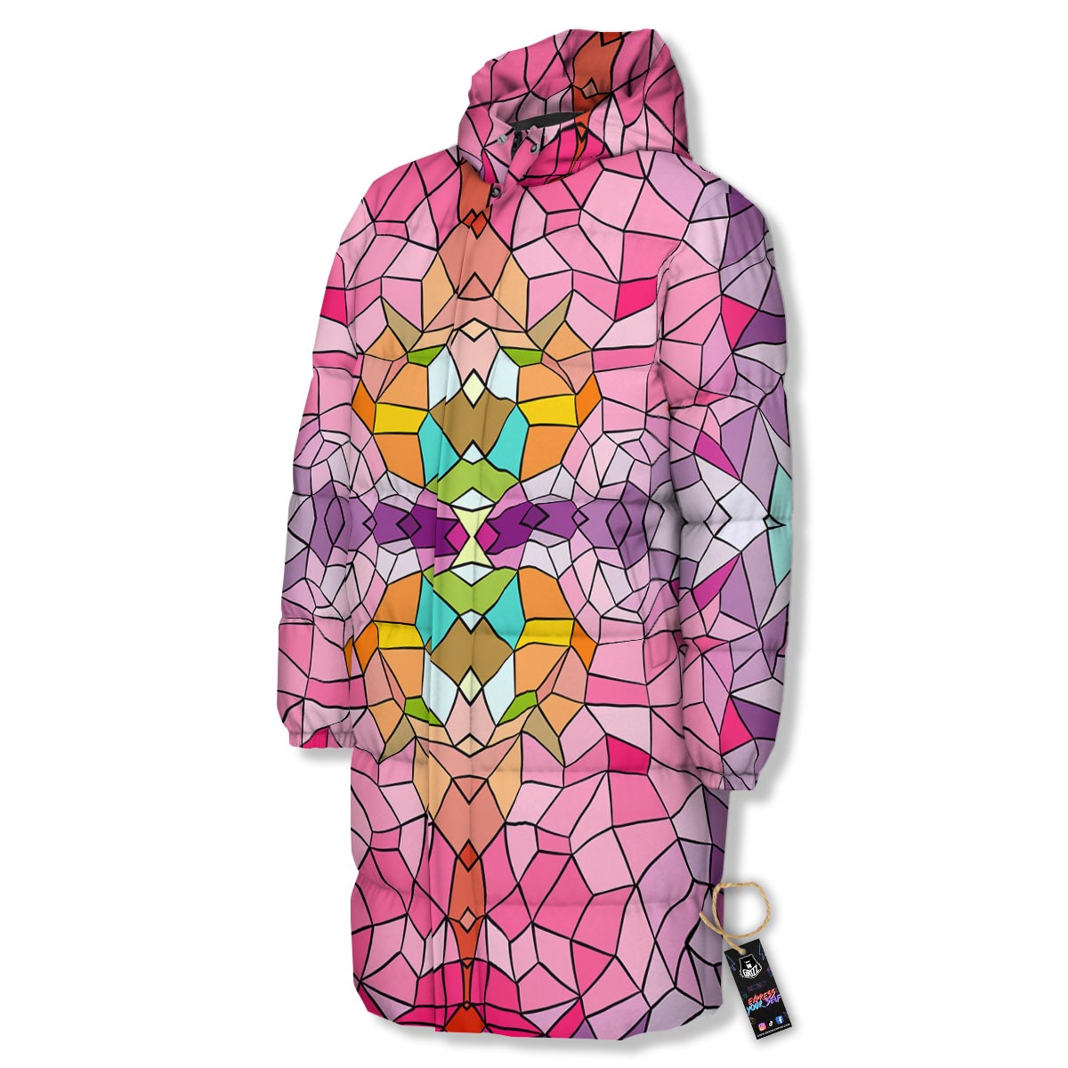 Mosaic Stained Glass Print Pattern Long Down Jacket-grizzshop