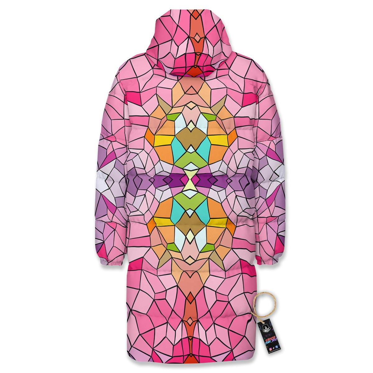 Mosaic Stained Glass Print Pattern Long Down Jacket-grizzshop