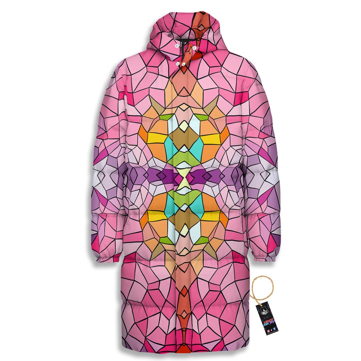 Mosaic Stained Glass Print Pattern Long Down Jacket-grizzshop