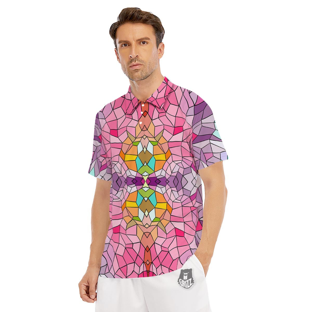 Mosaic Stained Glass Print Pattern Men's Golf Shirts-grizzshop