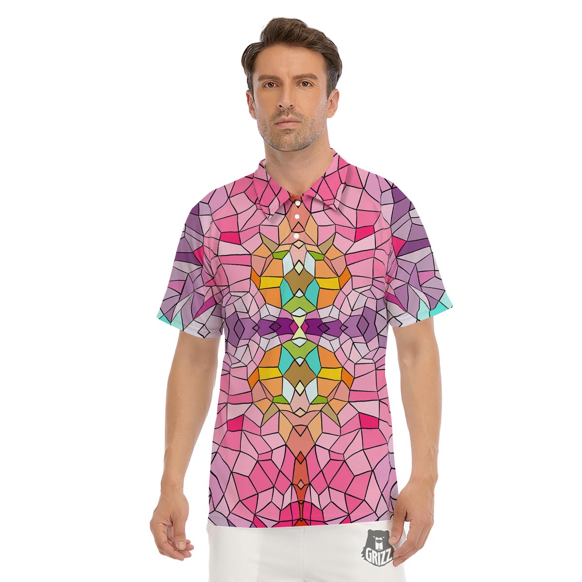 Mosaic Stained Glass Print Pattern Men's Golf Shirts-grizzshop