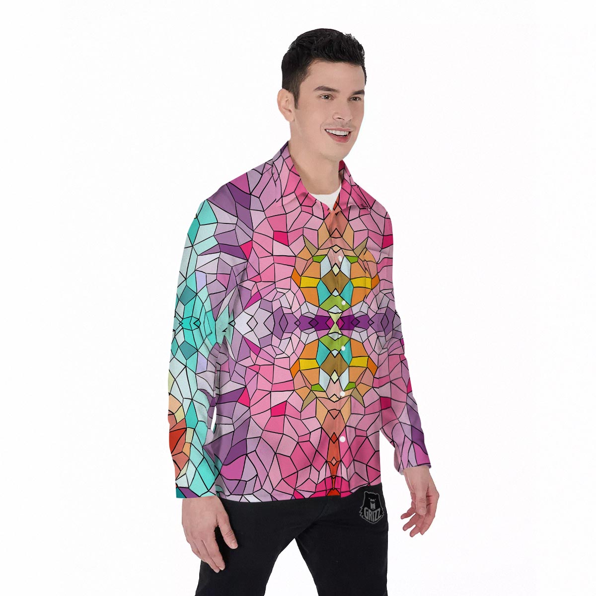 Mosaic Stained Glass Print Pattern Men's Long Sleeve Shirts-grizzshop