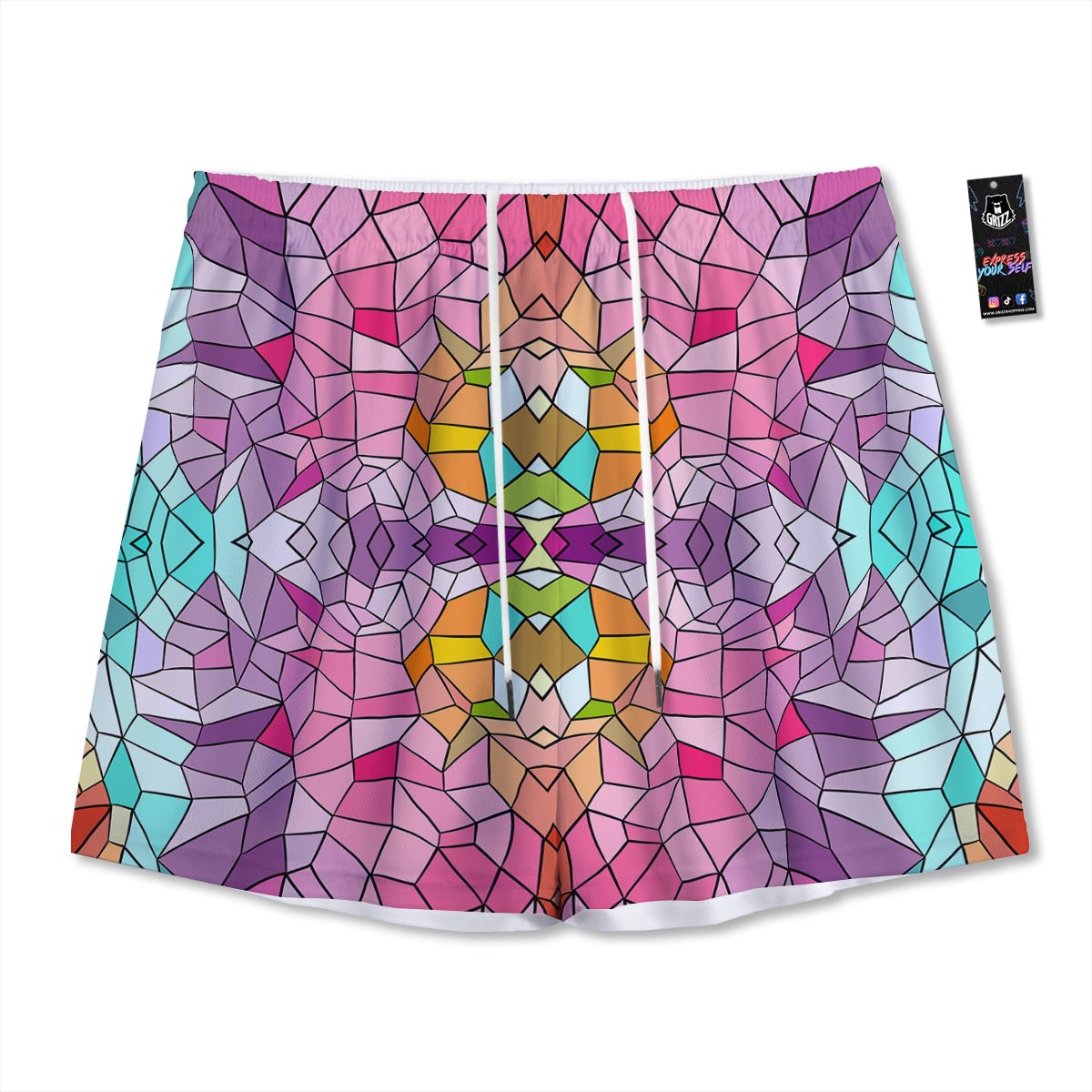 Mosaic Stained Glass Print Pattern Mesh Shorts