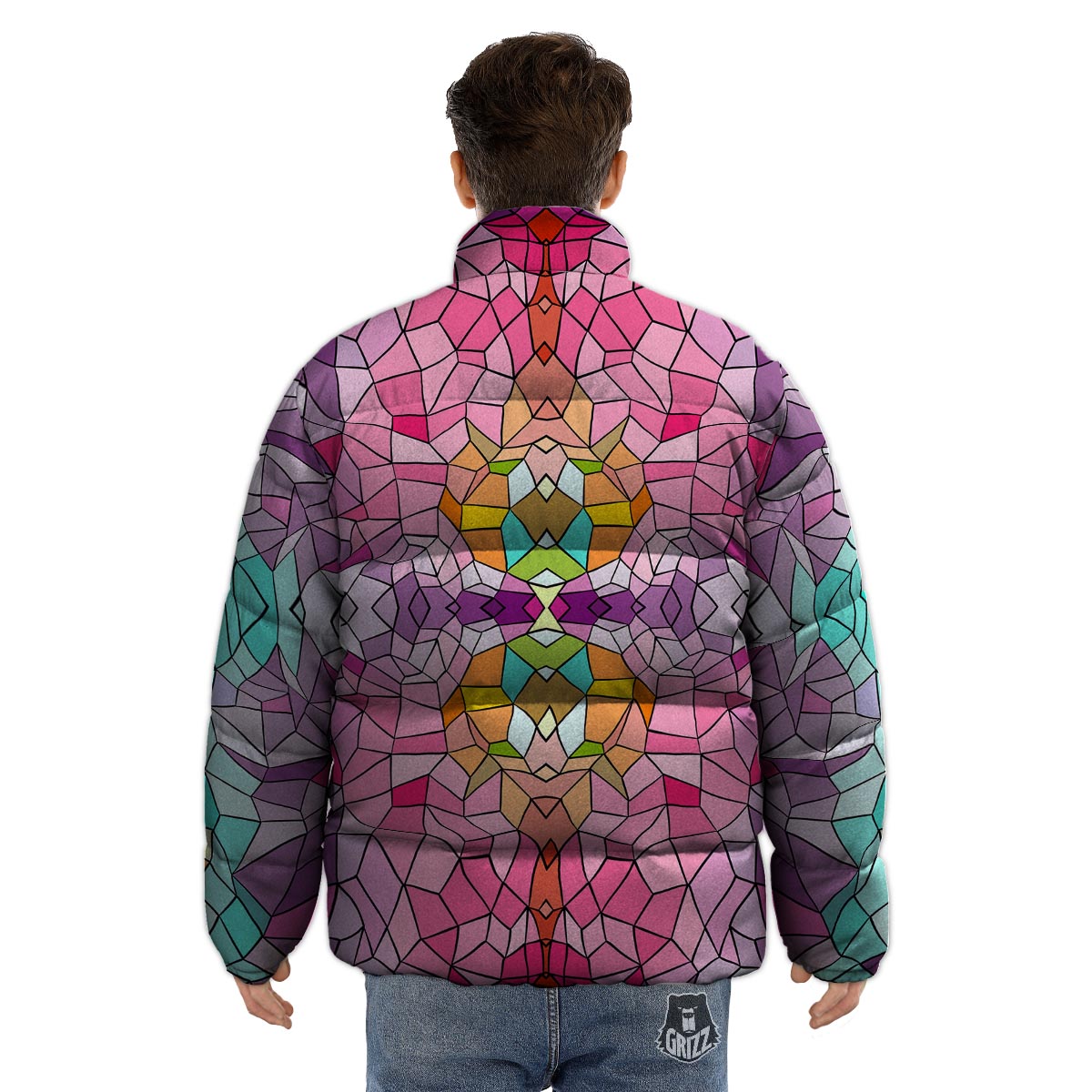 Mosaic Stained Glass Print Pattern Puffer Jacket-grizzshop