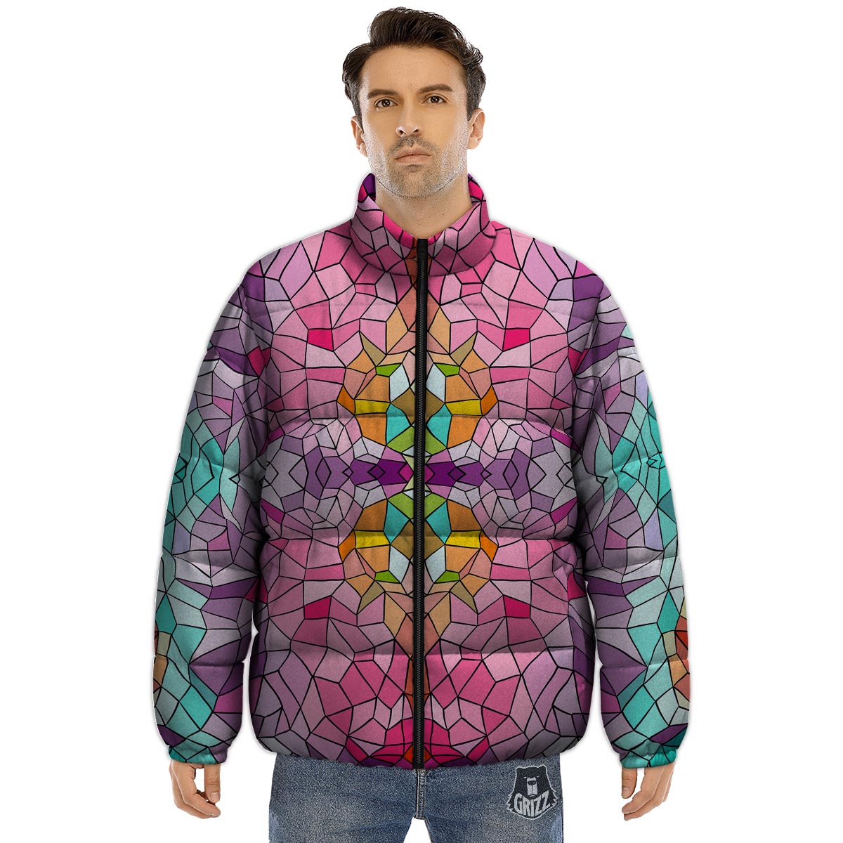 Mosaic Stained Glass Print Pattern Puffer Jacket-grizzshop