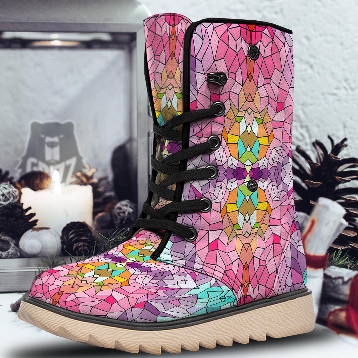 Mosaic Stained Glass Print Pattern Snow Boots-grizzshop