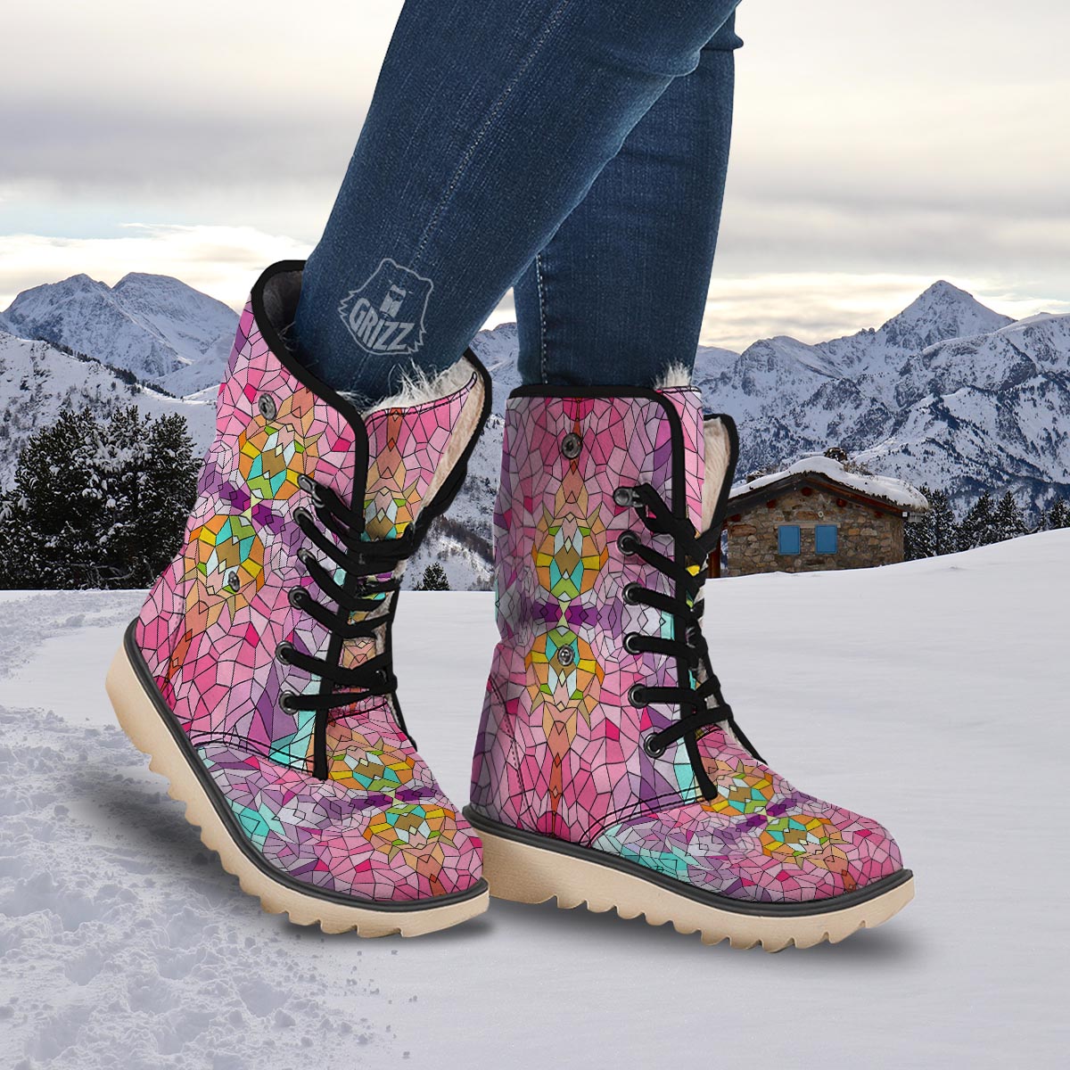 Mosaic Stained Glass Print Pattern Snow Boots-grizzshop