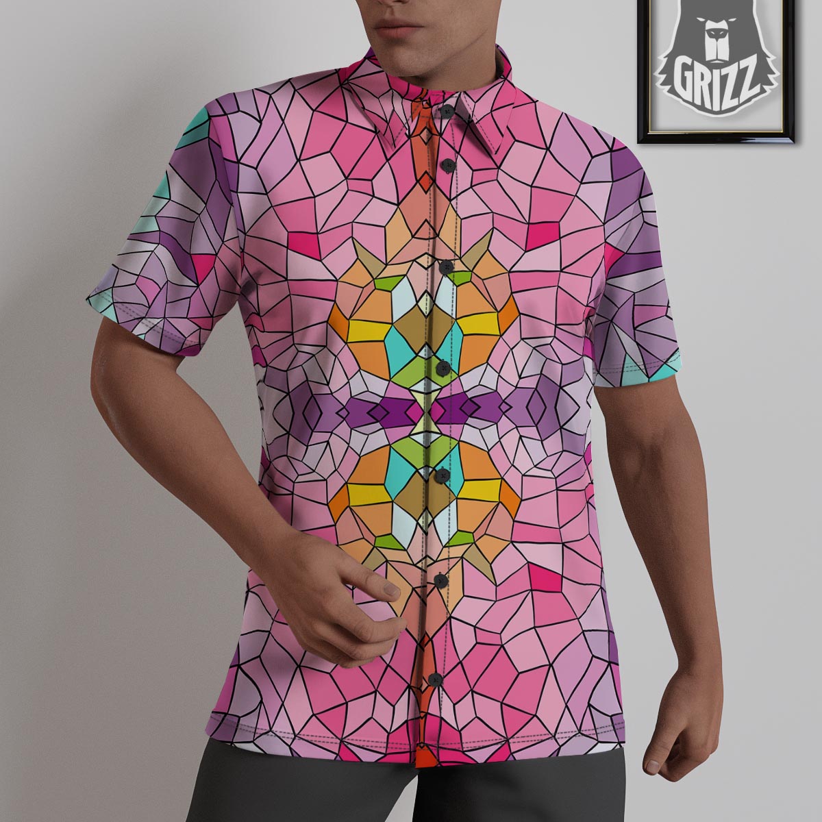 Mosaic Stained Glass Print Pattern Untucked Shirts-grizzshop