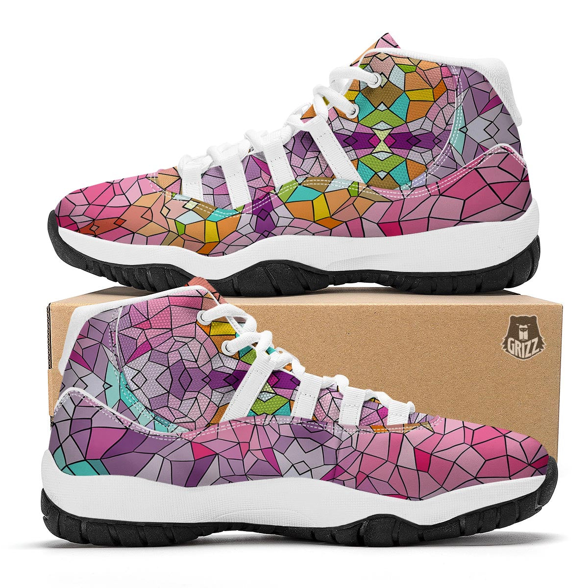 Mosaic Stained Glass Print Pattern White Bball Shoes-grizzshop