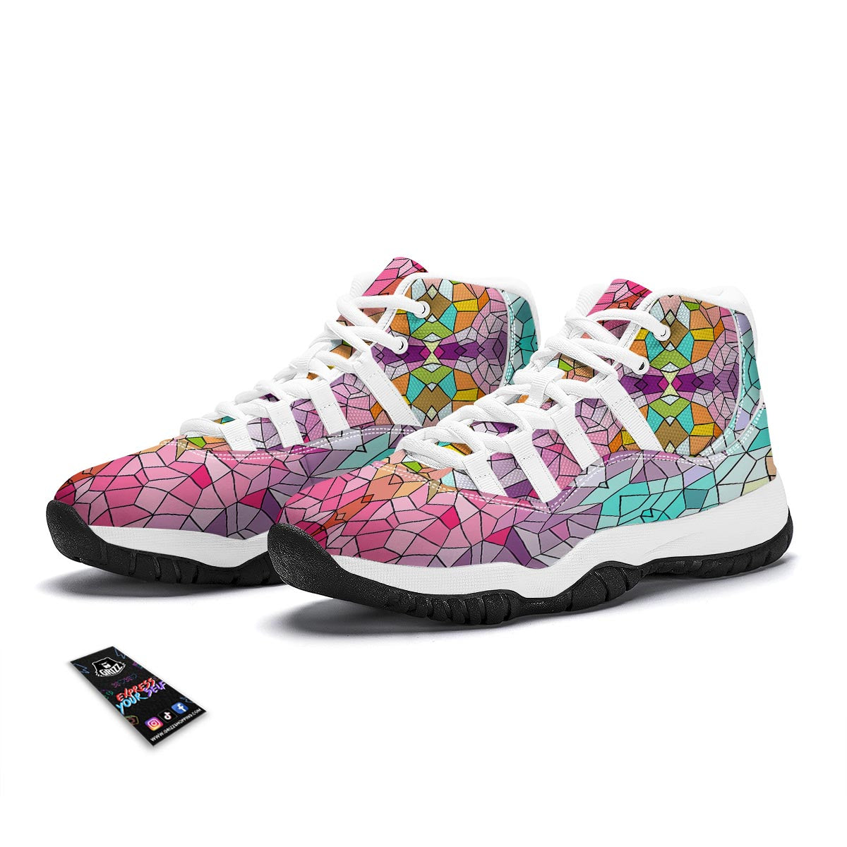 Mosaic Stained Glass Print Pattern White Bball Shoes-grizzshop