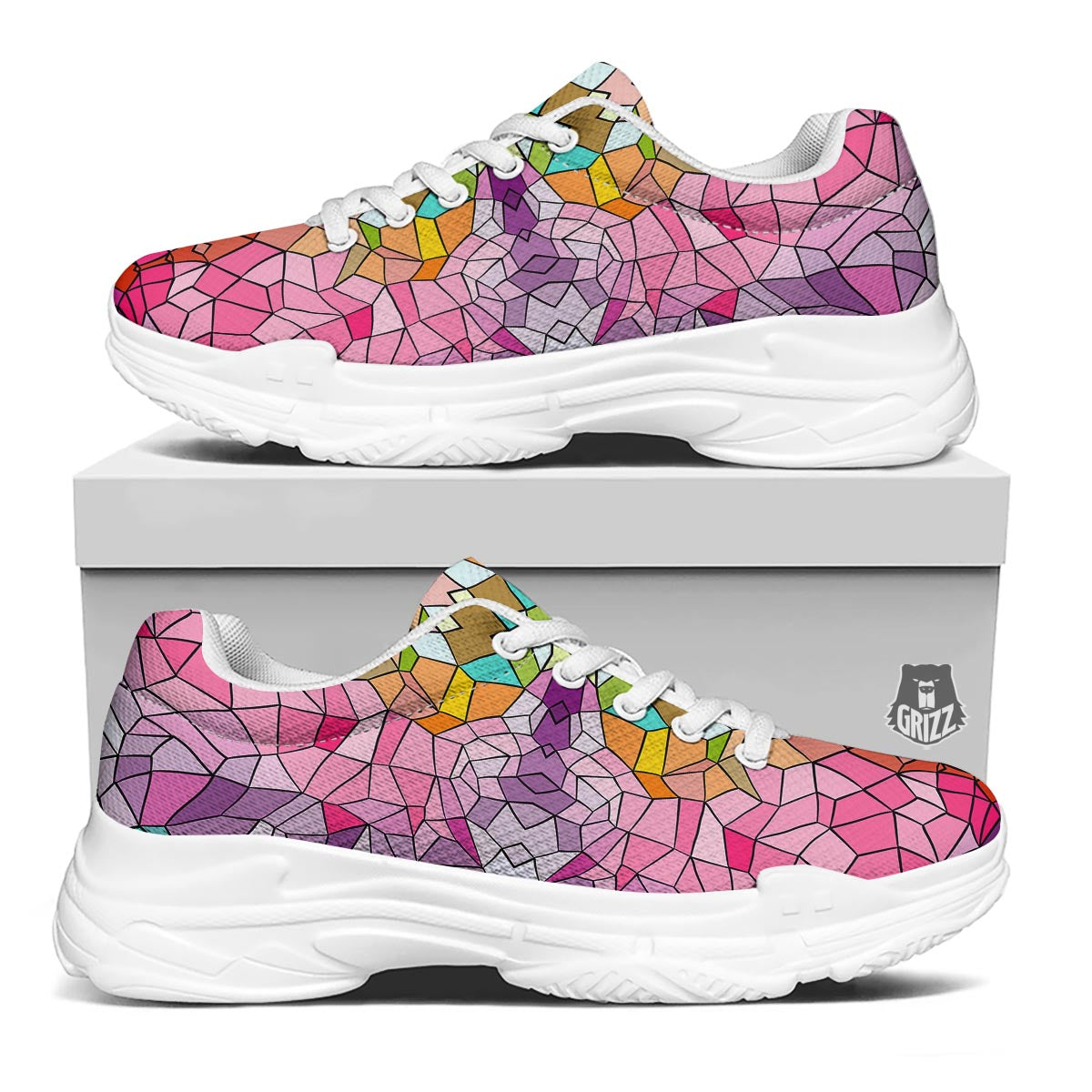 Mosaic Stained Glass Print Pattern White Chunky Shoes-grizzshop