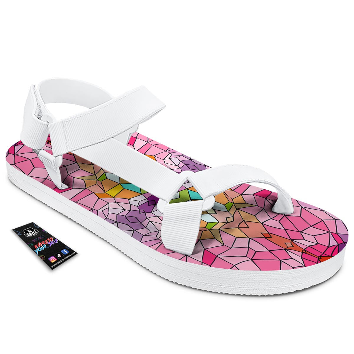 Mosaic Stained Glass Print Pattern White Open Toe Sandals-grizzshop
