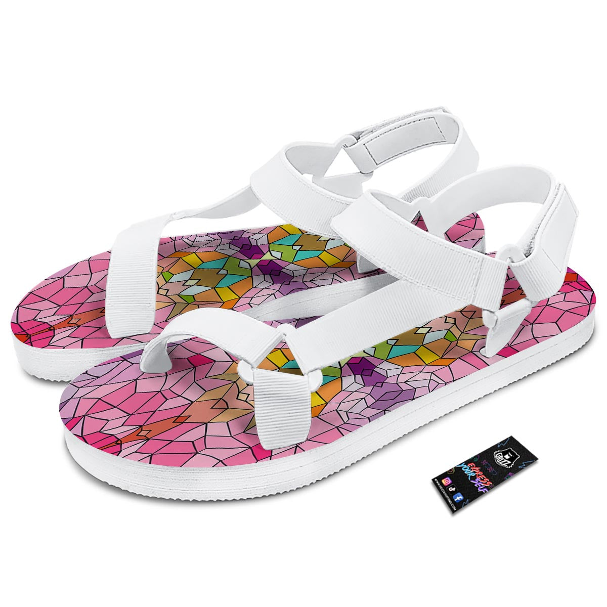Mosaic Stained Glass Print Pattern White Open Toe Sandals-grizzshop
