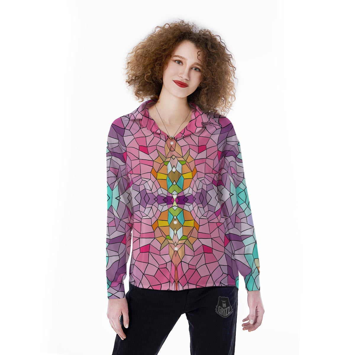 Mosaic Stained Glass Print Pattern Women's Long Sleeve Shirts-grizzshop