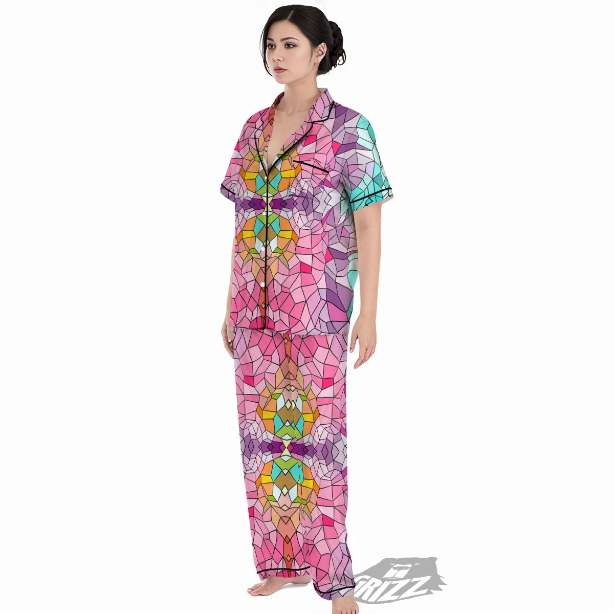 Mosaic Stained Glass Print Pattern Women's Pajamas Set-grizzshop