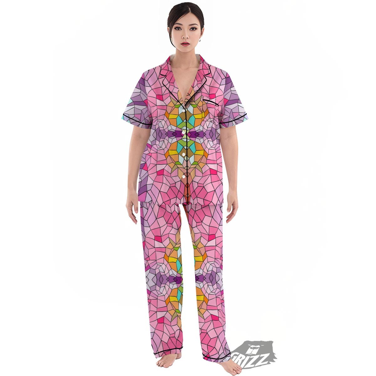 Mosaic Stained Glass Print Pattern Women's Pajamas Set-grizzshop