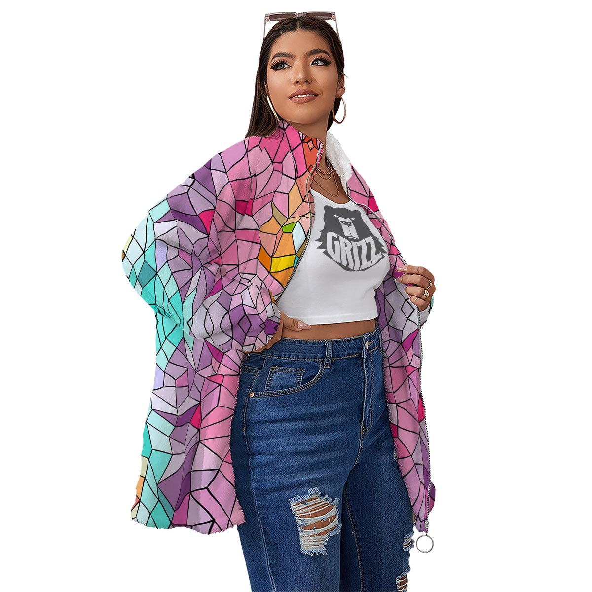 Mosaic Stained Glass Print Pattern Women's Sherpa Jacket-grizzshop