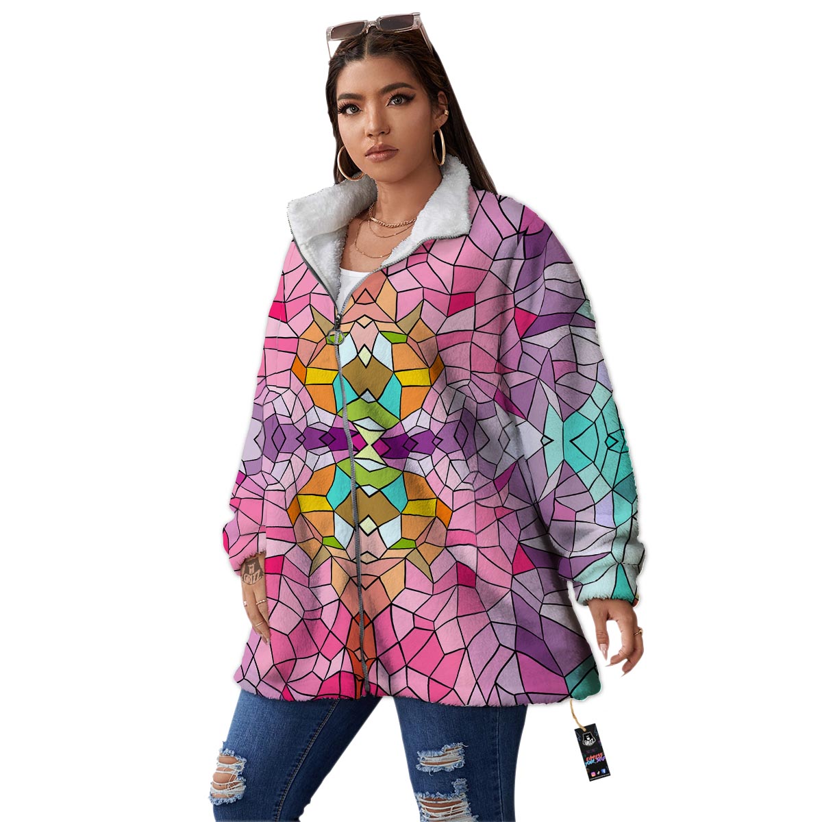 Mosaic Stained Glass Print Pattern Women's Sherpa Jacket-grizzshop
