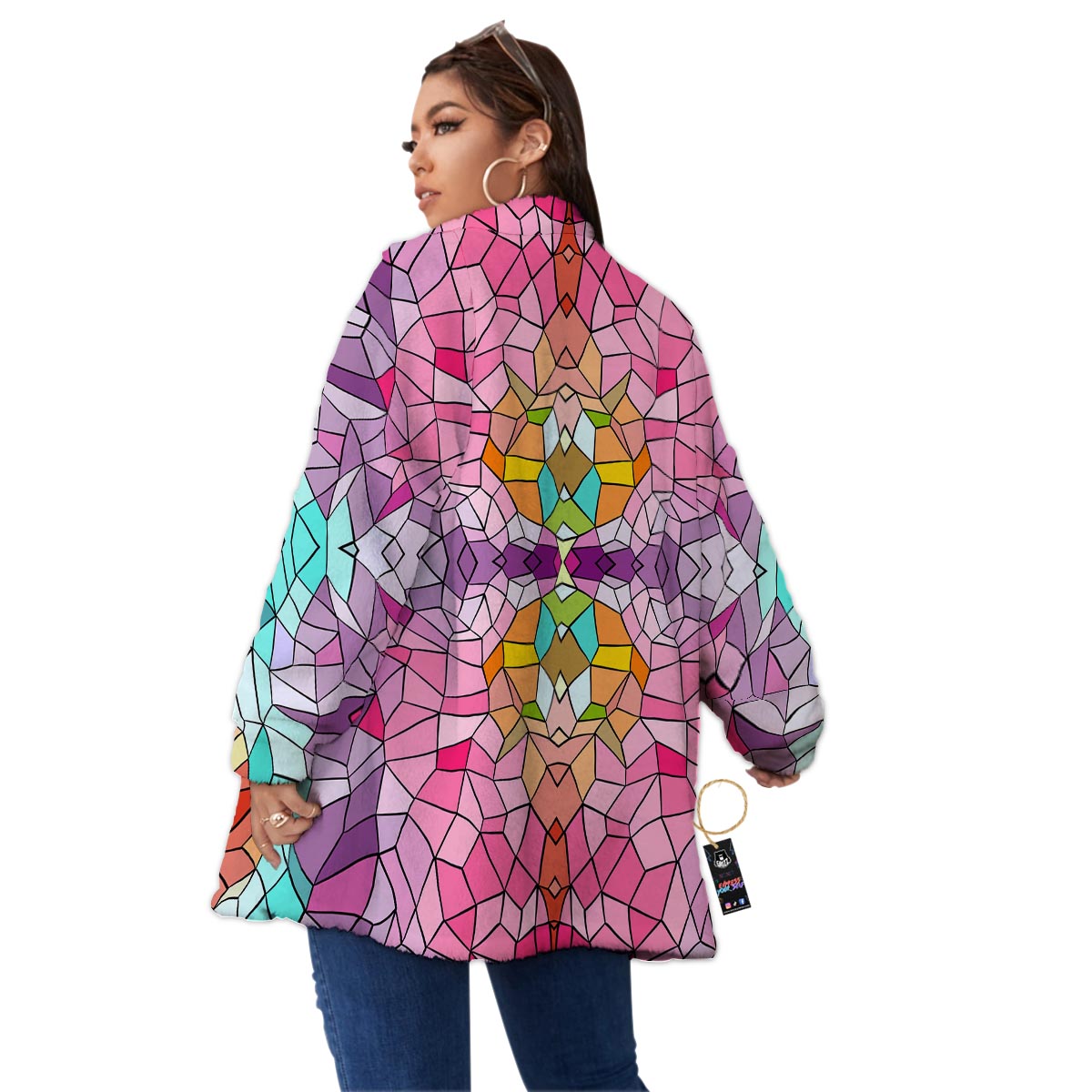 Mosaic Stained Glass Print Pattern Women's Sherpa Jacket-grizzshop