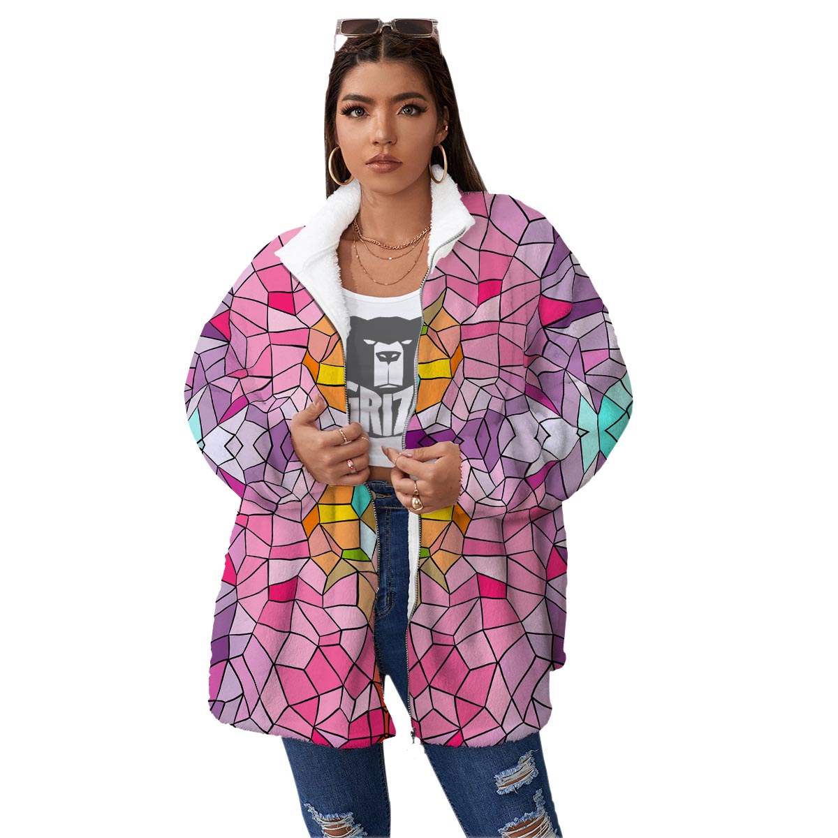 Mosaic Stained Glass Print Pattern Women's Sherpa Jacket-grizzshop