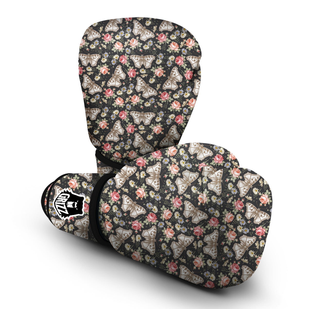 Moth Vintage And Floral Print Pattern Boxing Gloves-grizzshop