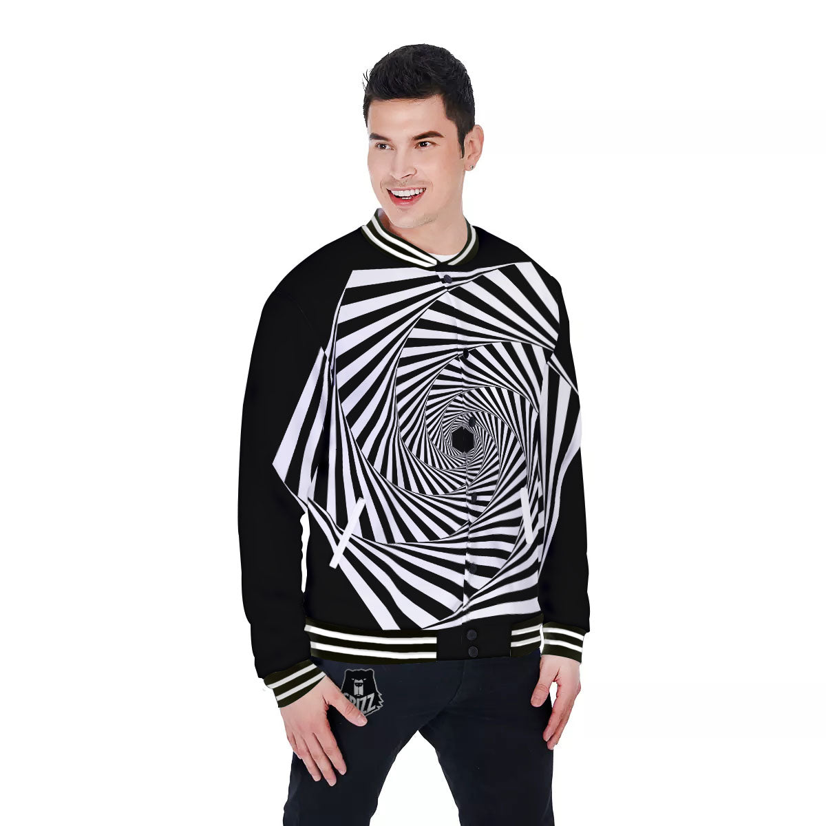 Motion Illusion Angular Swirl Print Baseball Jacket-grizzshop