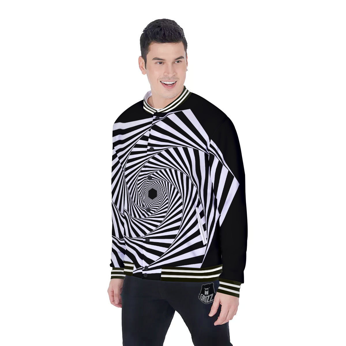 Motion Illusion Angular Swirl Print Baseball Jacket-grizzshop