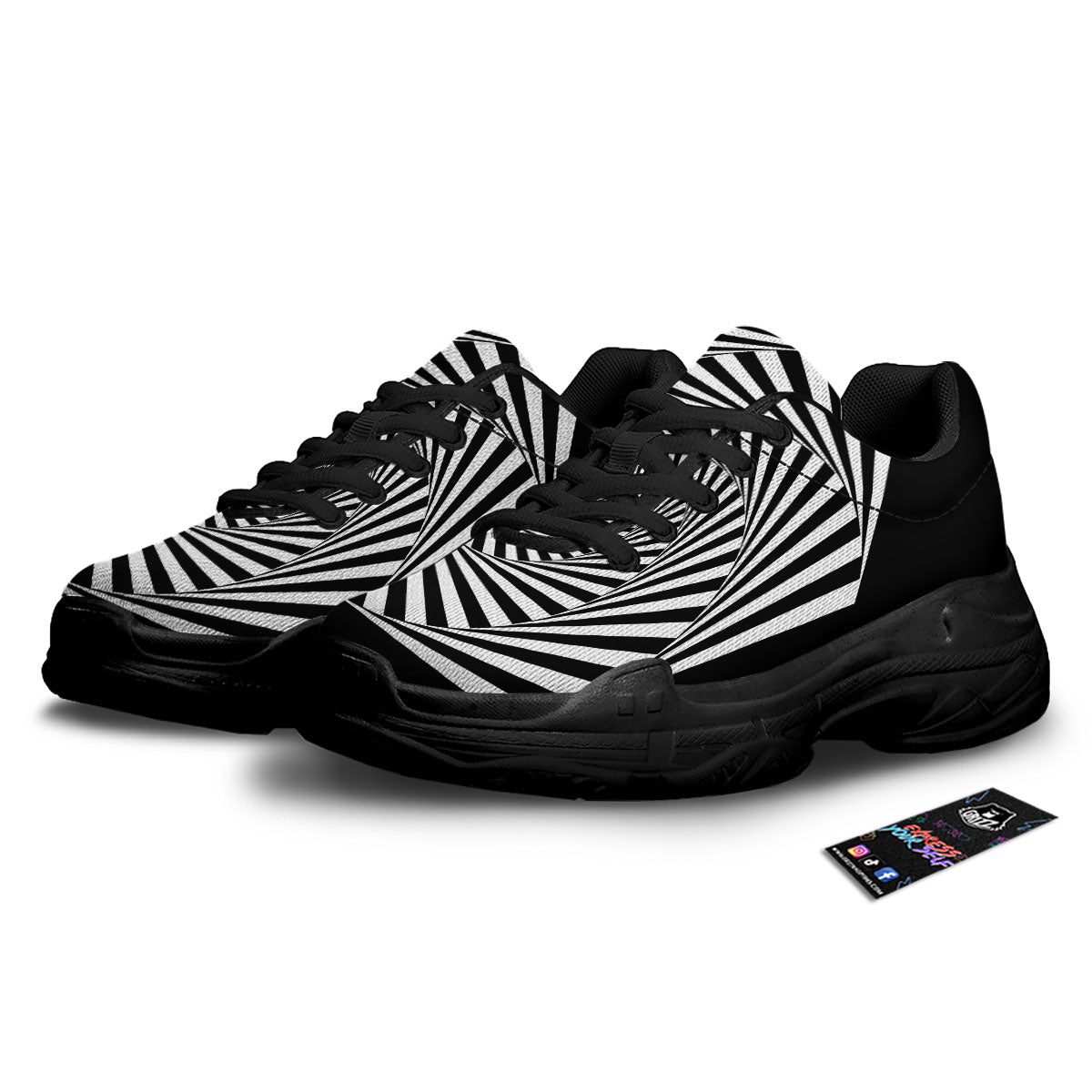 Motion Illusion Angular Swirl Print Black Chunky Shoes-grizzshop