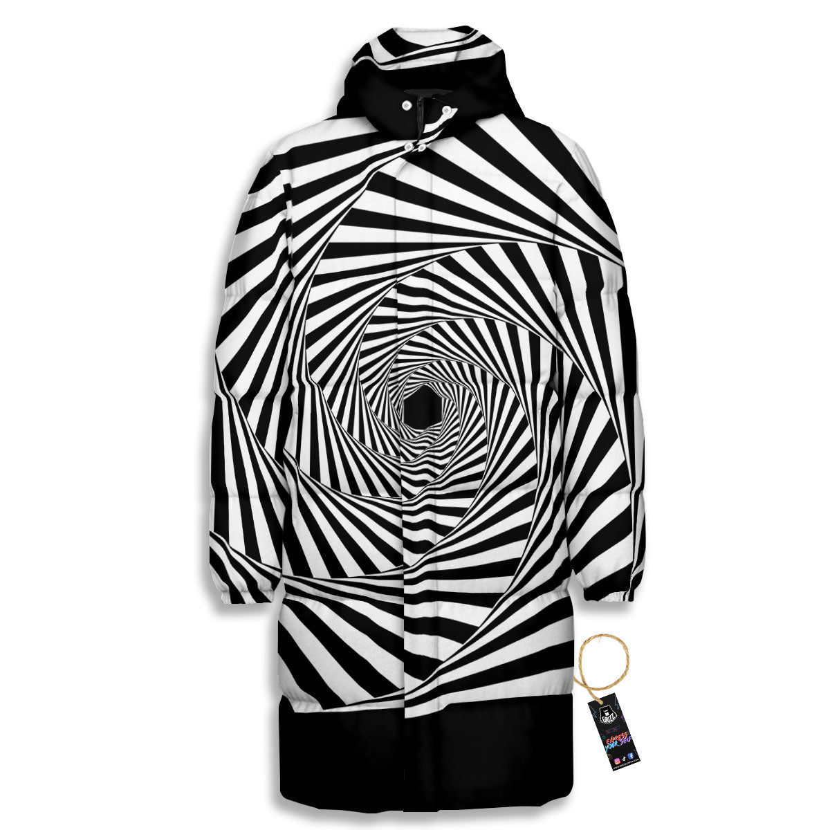 Motion Illusion Angular Swirl Print Long Down Jacket-grizzshop