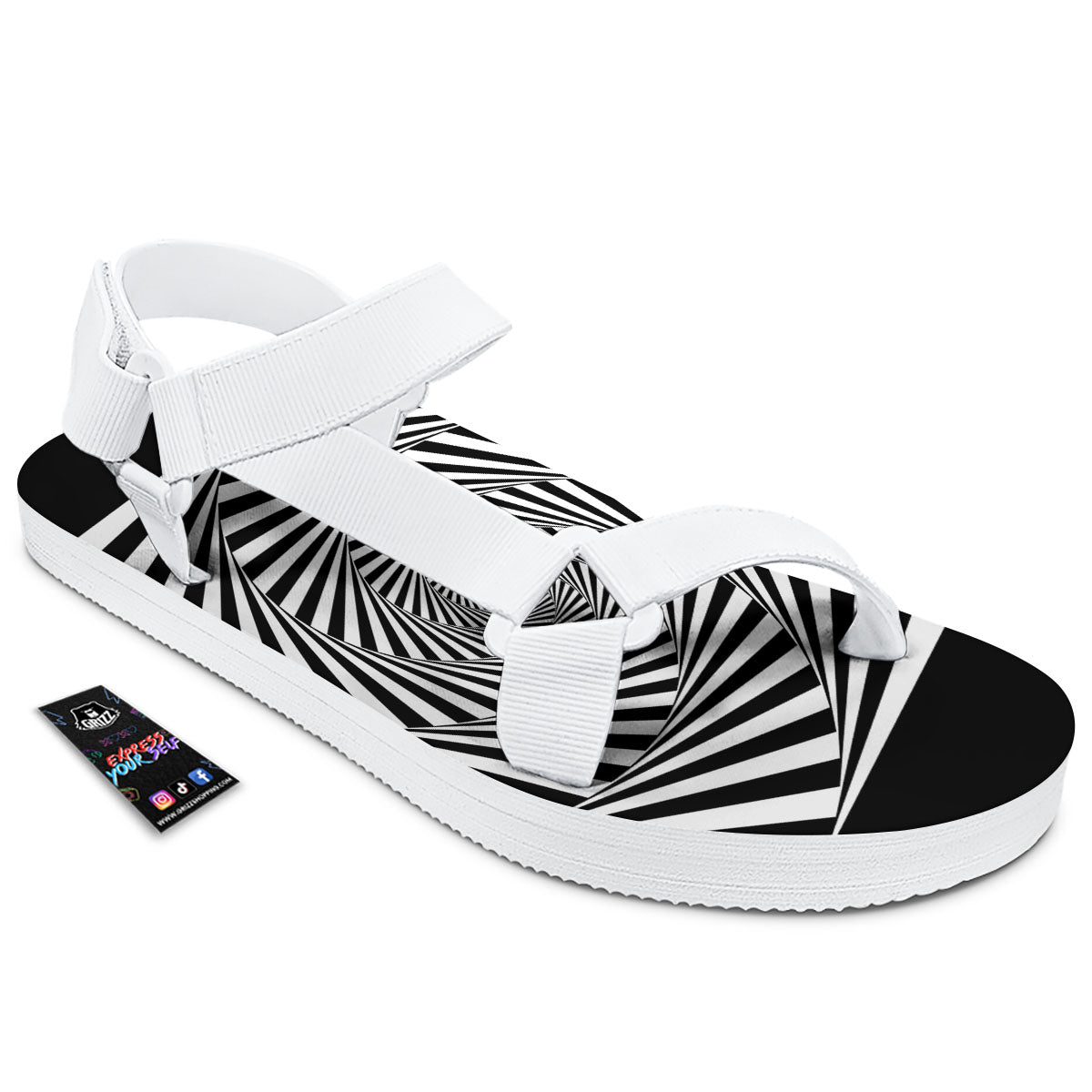 Motion Illusion Angular Swirl Print White Open Toe Sandals-grizzshop
