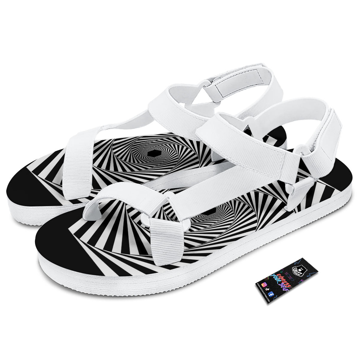 Motion Illusion Angular Swirl Print White Open Toe Sandals-grizzshop