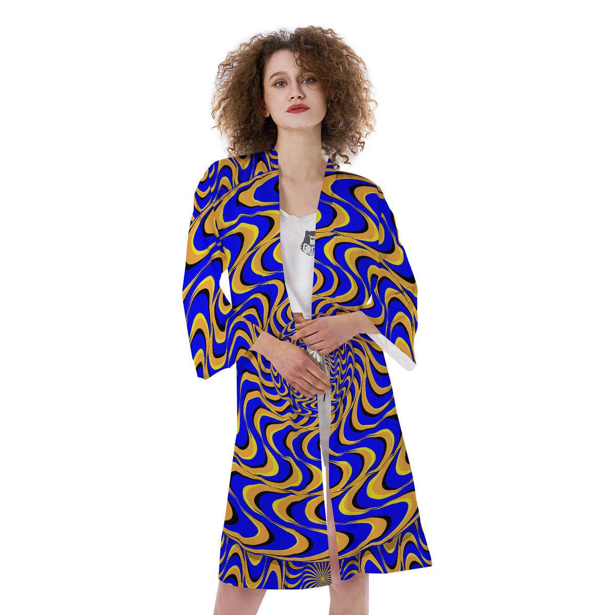 Motion Illusion Yellow And Blue Print Kimono-grizzshop