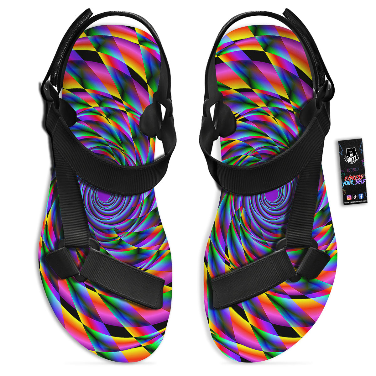 Motion Psychedelic Illusory Print Black Open Toe Sandals-grizzshop