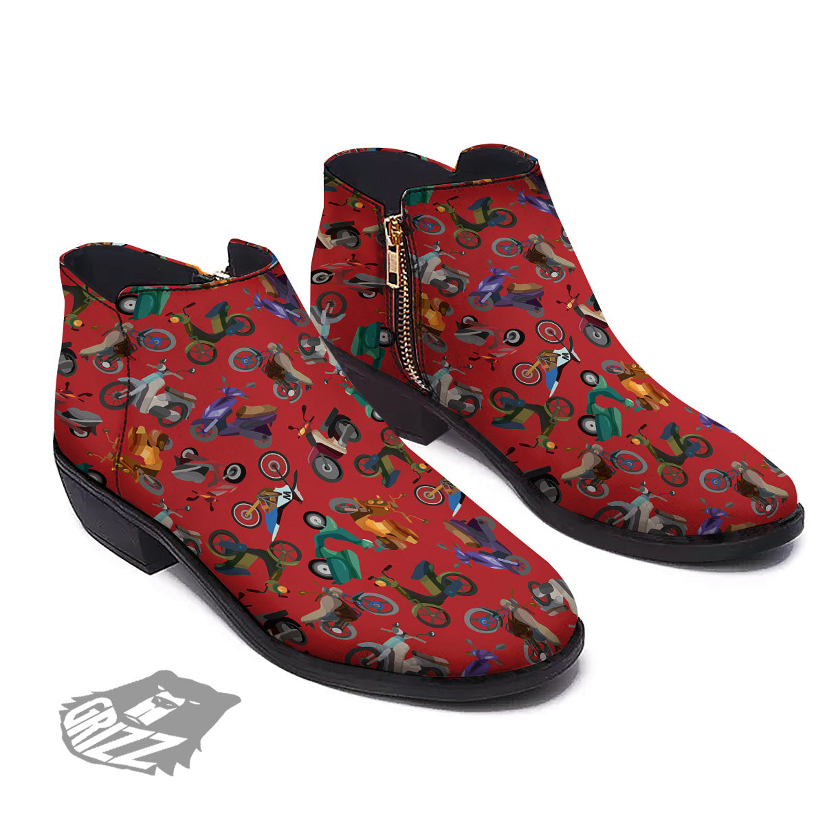 Motorcycle And Red Print Pattern Ankle Boots-grizzshop