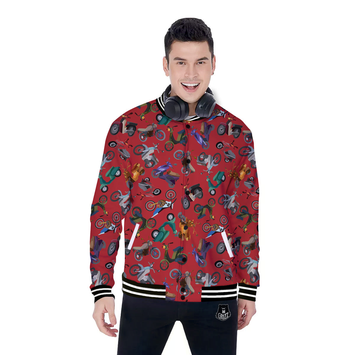 Motorcycle And Red Print Pattern Baseball Jacket-grizzshop