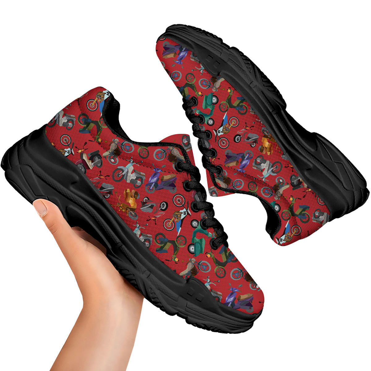 Motorcycle And Red Print Pattern Black Chunky Shoes-grizzshop