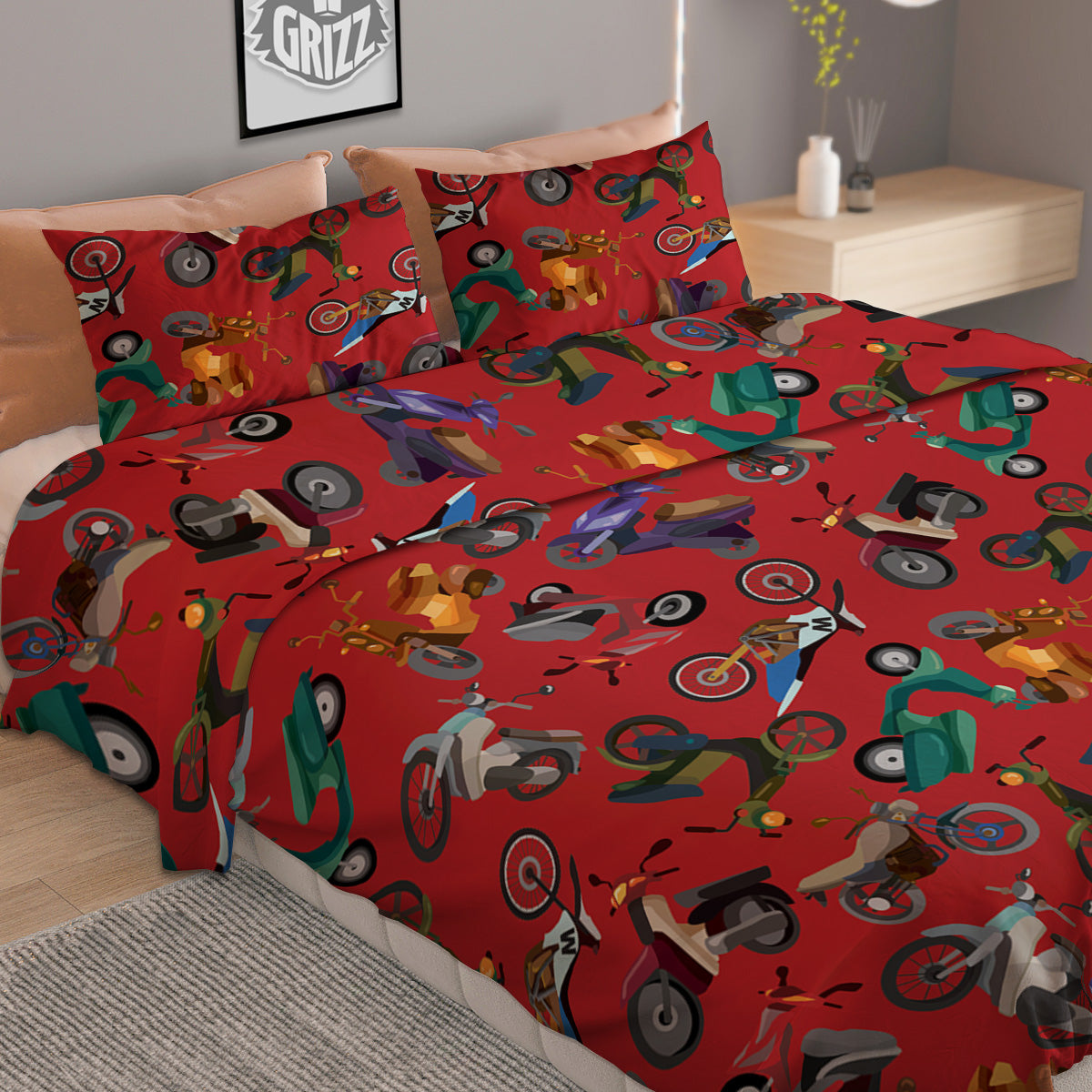 Motorcycle And Red Print Pattern Duvet Cover Bedding Set