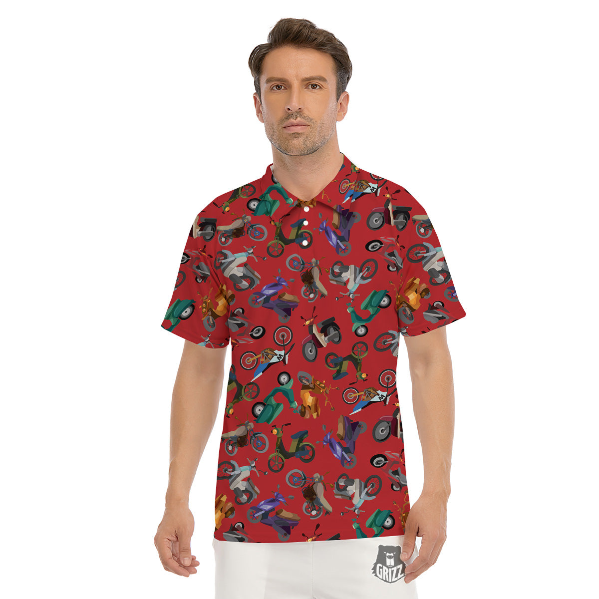 Motorcycle And Red Print Pattern Men's Golf Shirts-grizzshop