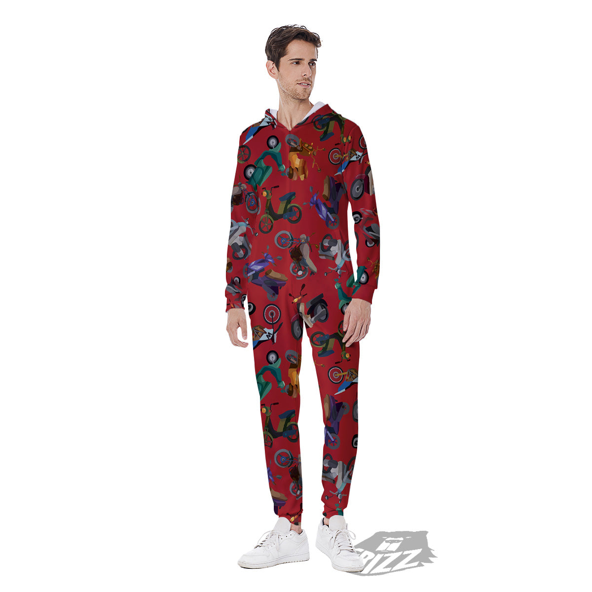 Motorcycle And Red Print Pattern Men's Jumpsuit-grizzshop